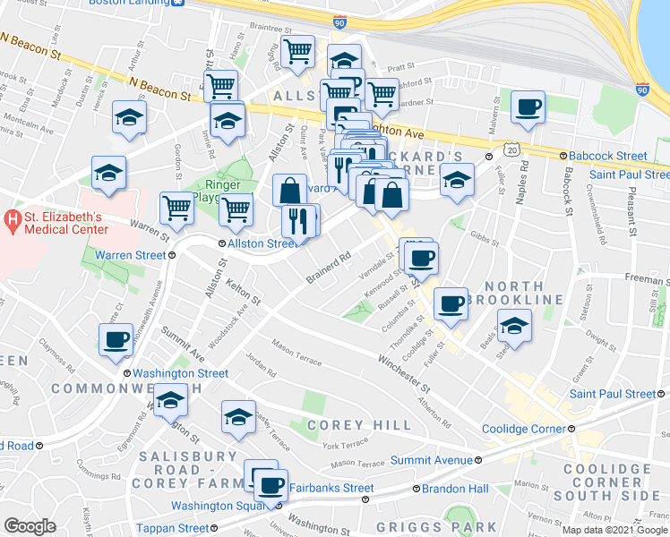 map of restaurants, bars, coffee shops, grocery stores, and more near 65 Brainerd Road in Boston