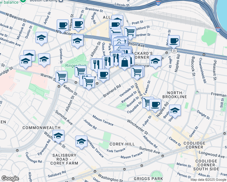 map of restaurants, bars, coffee shops, grocery stores, and more near 65 Brainerd Road in Boston