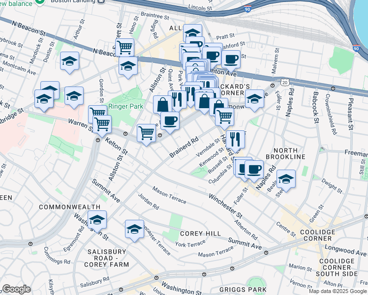 map of restaurants, bars, coffee shops, grocery stores, and more near 65 Brainerd Road in Boston