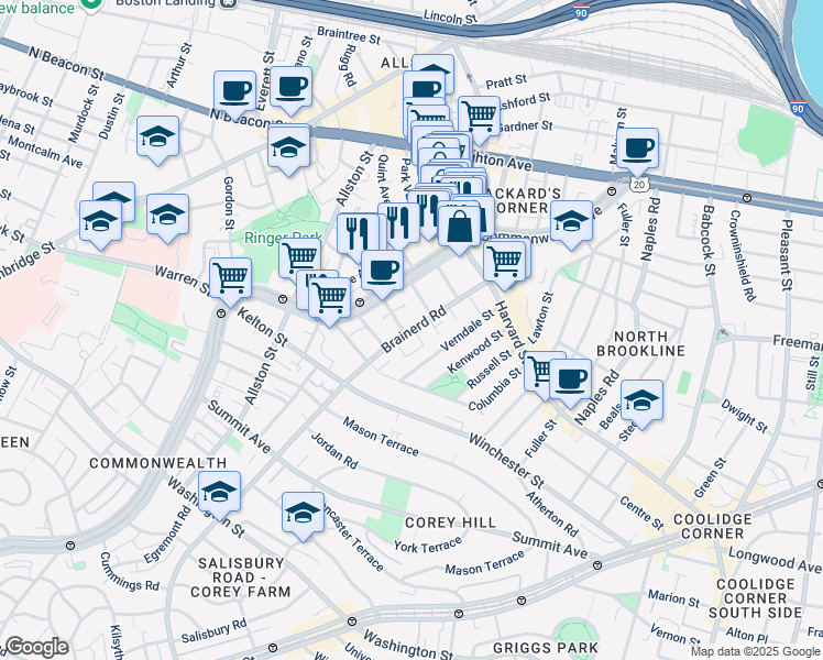 map of restaurants, bars, coffee shops, grocery stores, and more near 65 Brainerd Road in Boston