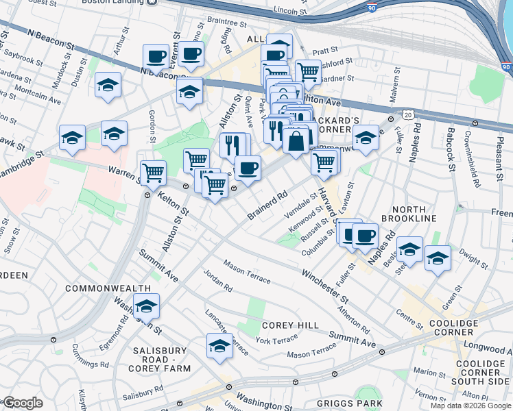 map of restaurants, bars, coffee shops, grocery stores, and more near 65 Brainerd Road in Boston