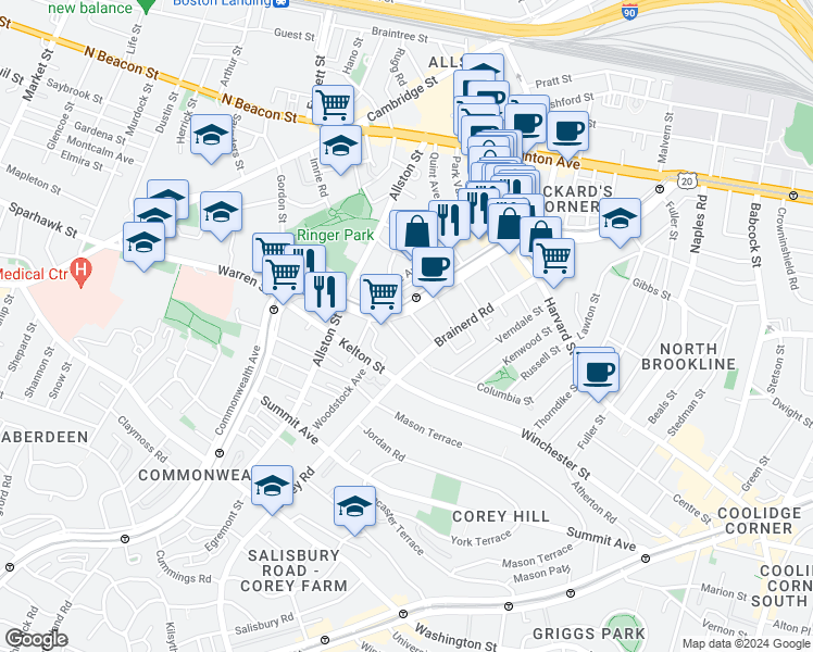map of restaurants, bars, coffee shops, grocery stores, and more near 1322 Commonwealth Avenue in Boston