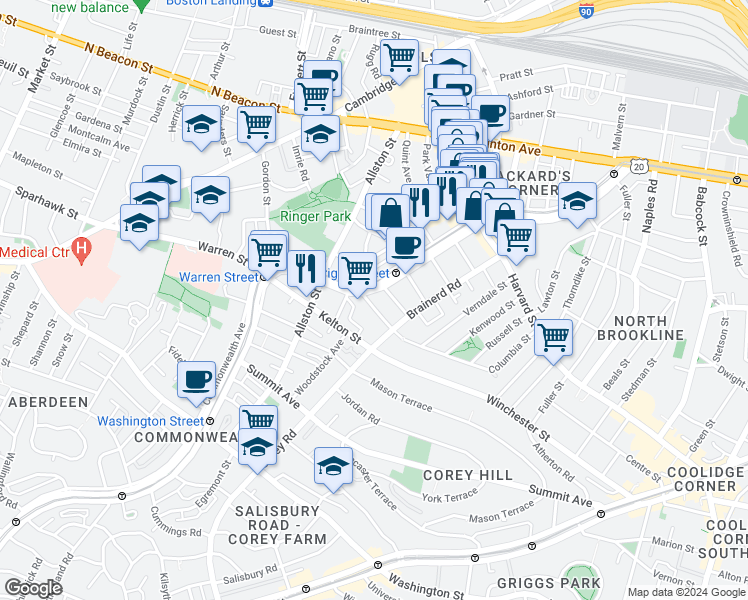 map of restaurants, bars, coffee shops, grocery stores, and more near 1348 Commonwealth Avenue in Boston
