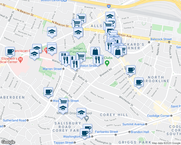 map of restaurants, bars, coffee shops, grocery stores, and more near 1348 Commonwealth Avenue in Boston