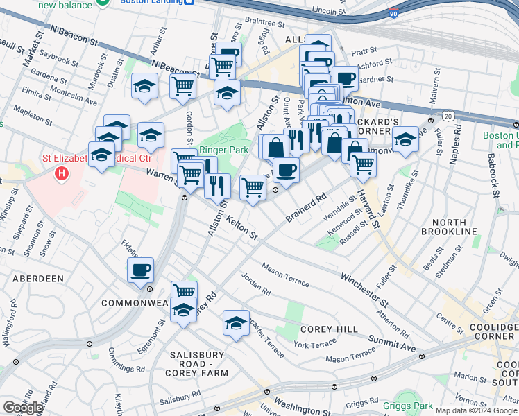 map of restaurants, bars, coffee shops, grocery stores, and more near 1348 Commonwealth Avenue in Boston