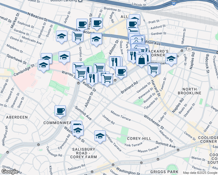 map of restaurants, bars, coffee shops, grocery stores, and more near 1348 Commonwealth Avenue in Boston