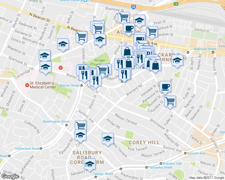map of restaurants, bars, coffee shops, grocery stores, and more near 1348 Commonwealth Avenue in Boston