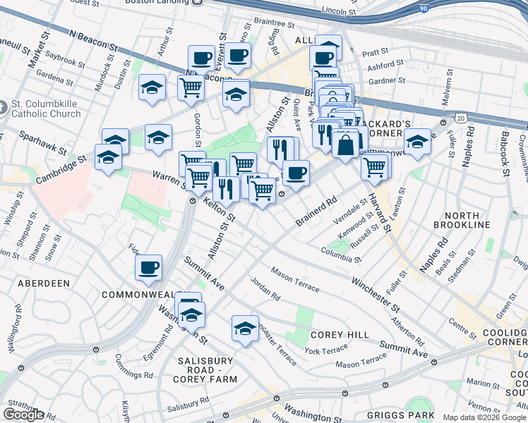 map of restaurants, bars, coffee shops, grocery stores, and more near 1348 Commonwealth Avenue in Boston