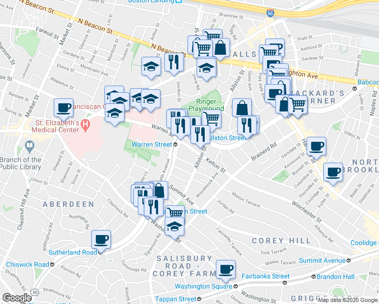 map of restaurants, bars, coffee shops, grocery stores, and more near 164 Kelton Street in Boston