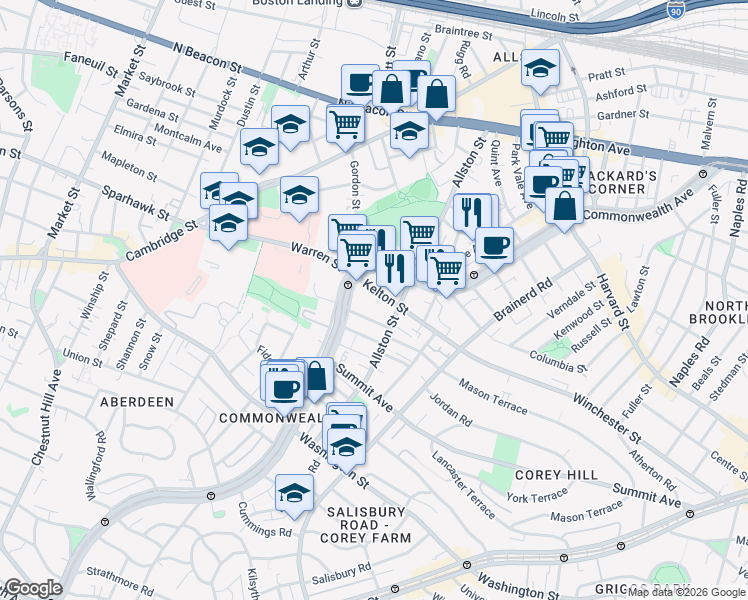 map of restaurants, bars, coffee shops, grocery stores, and more near 164 Kelton Street in Boston