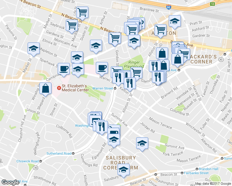 map of restaurants, bars, coffee shops, grocery stores, and more near in Boston