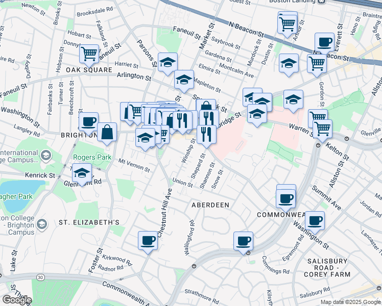 map of restaurants, bars, coffee shops, grocery stores, and more near 18 Winship Street in Boston