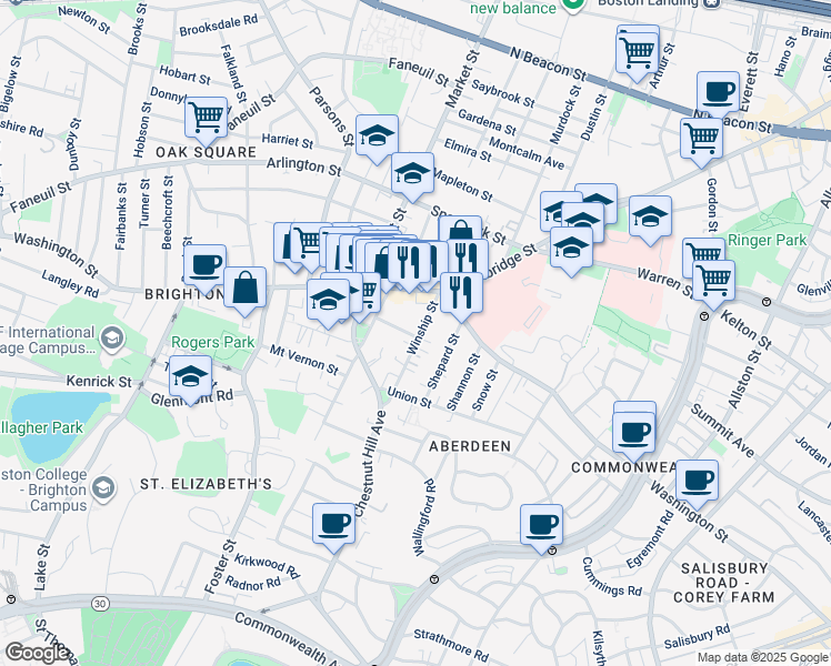 map of restaurants, bars, coffee shops, grocery stores, and more near 18 Winship Street in Boston