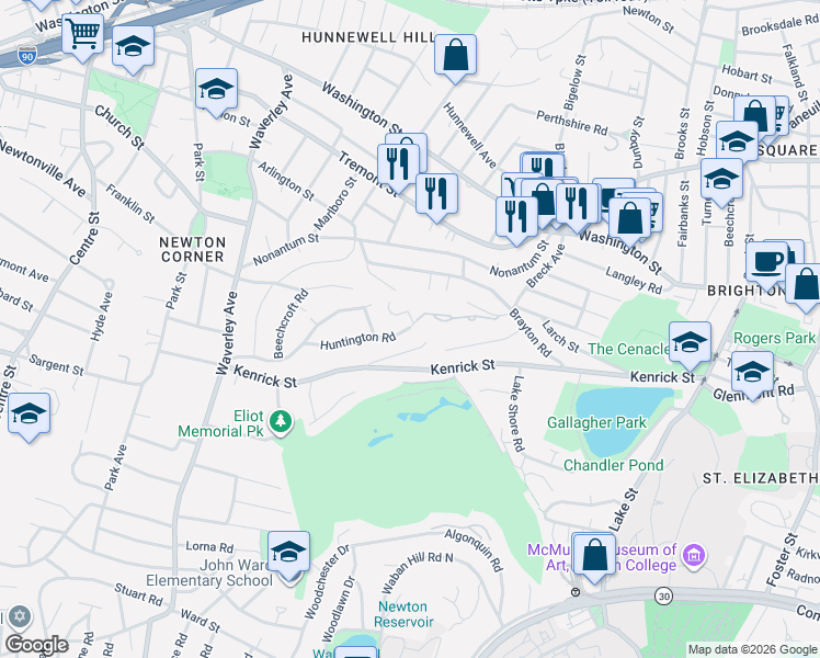 map of restaurants, bars, coffee shops, grocery stores, and more near 112 Huntington Road in Newton
