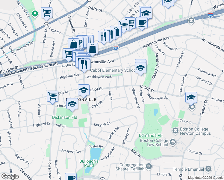 map of restaurants, bars, coffee shops, grocery stores, and more near 319 Cabot Street in Newton