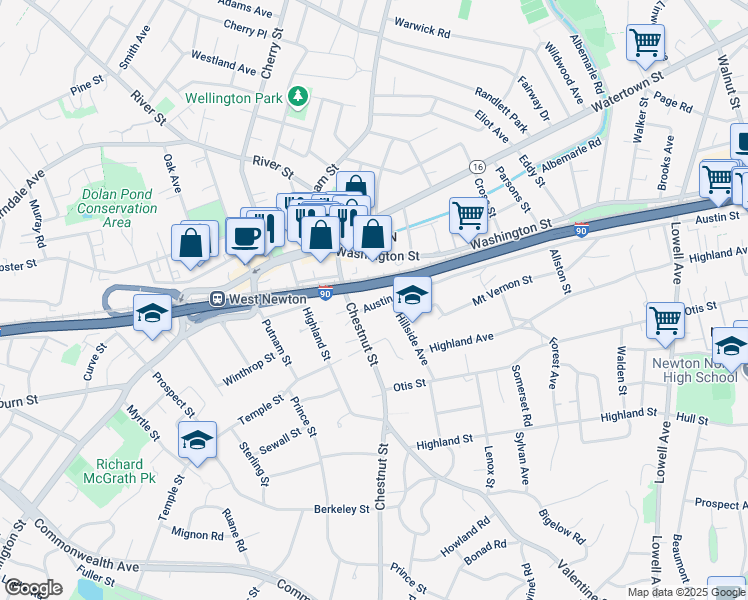 map of restaurants, bars, coffee shops, grocery stores, and more near 68 Chestnut Street in Newton