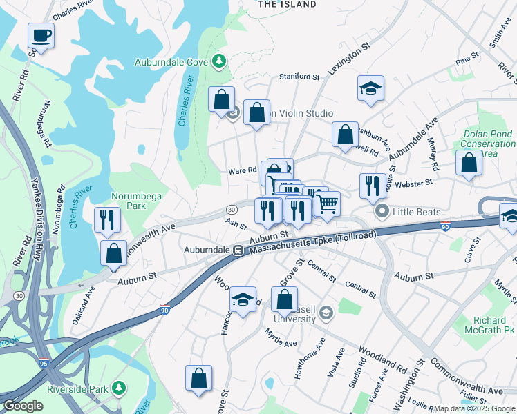 map of restaurants, bars, coffee shops, grocery stores, and more near 2120 Commonwealth Avenue in Newton
