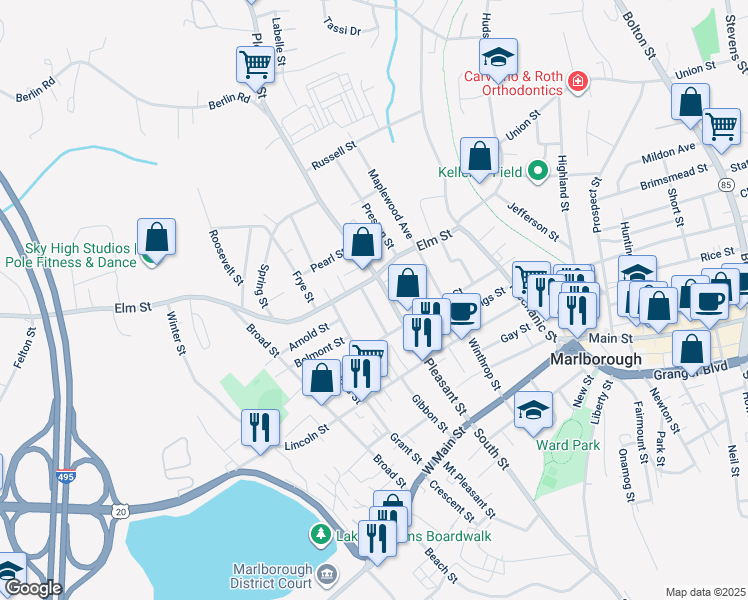map of restaurants, bars, coffee shops, grocery stores, and more near 43 Franklin Street in Marlborough