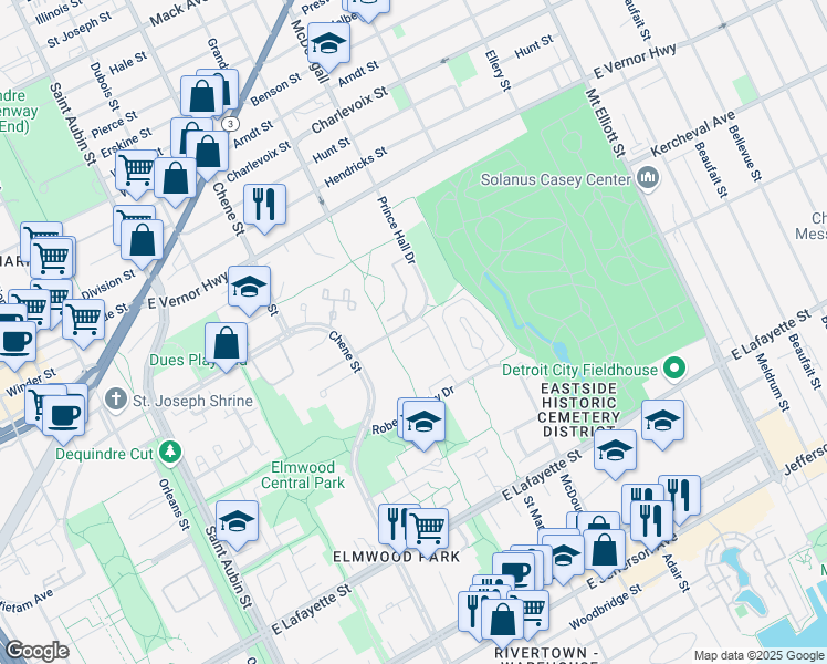 map of restaurants, bars, coffee shops, grocery stores, and more near 2962 Prince Hall Drive in Detroit