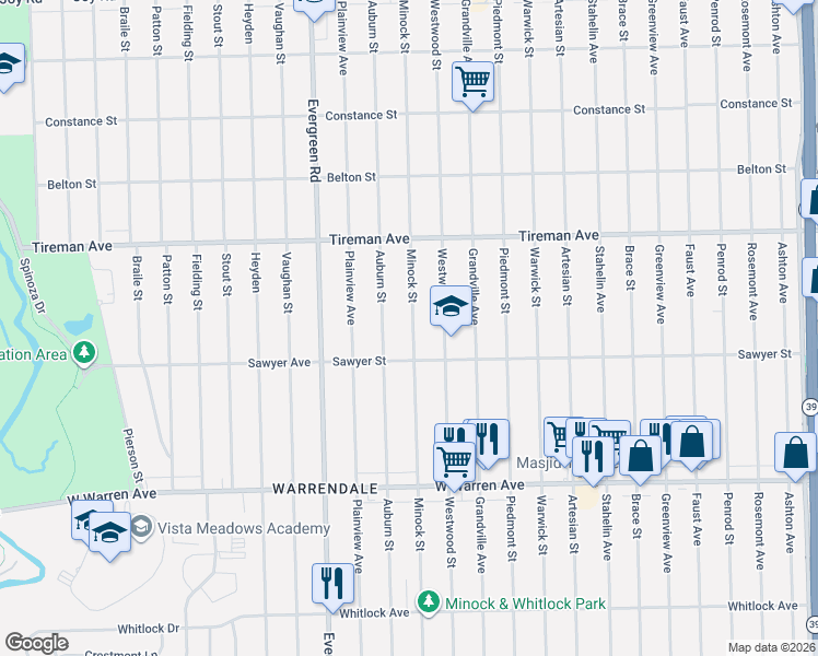 map of restaurants, bars, coffee shops, grocery stores, and more near 7677 Minock Street in Detroit