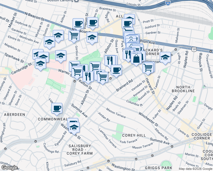 map of restaurants, bars, coffee shops, grocery stores, and more near 1348 Commonwealth Avenue in Boston
