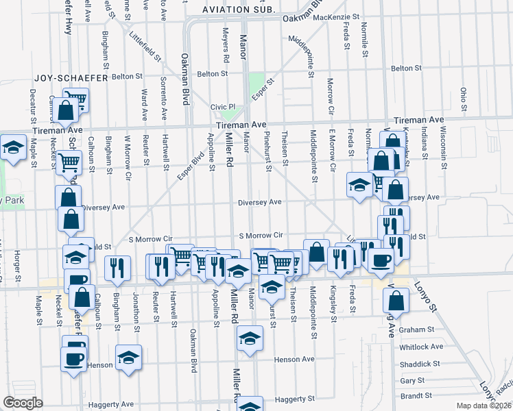 map of restaurants, bars, coffee shops, grocery stores, and more near 7612 Manor in Dearborn