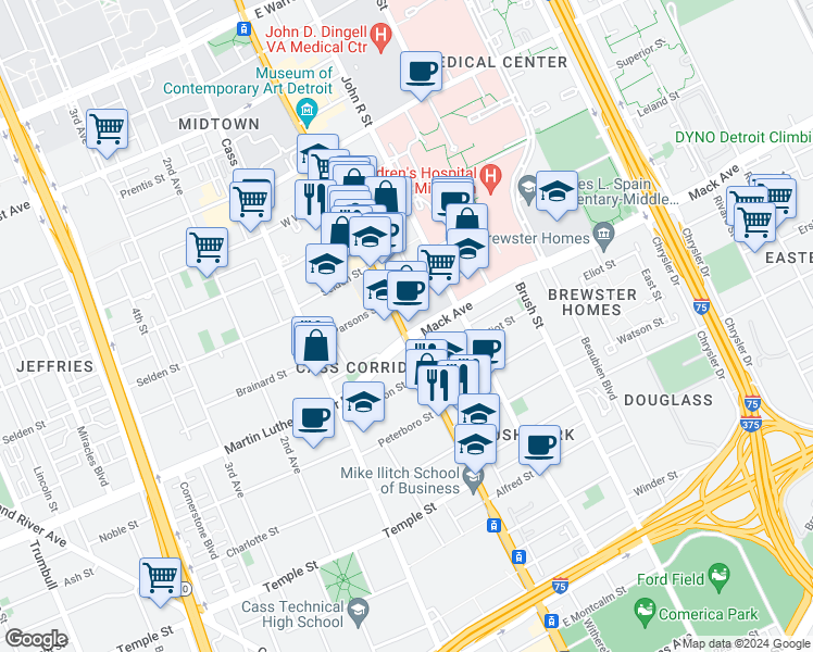 map of restaurants, bars, coffee shops, grocery stores, and more near 3601 Woodward Avenue in Detroit