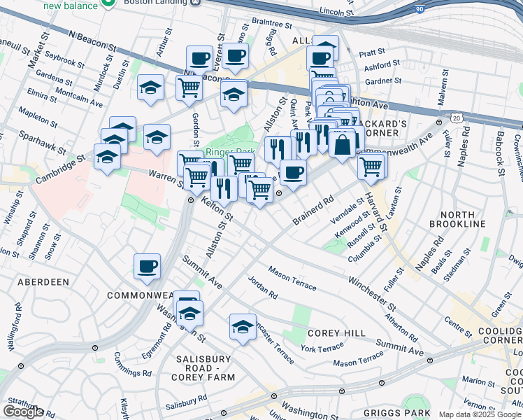 map of restaurants, bars, coffee shops, grocery stores, and more near 1348 Commonwealth Avenue in Boston