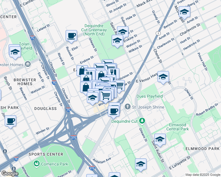 map of restaurants, bars, coffee shops, grocery stores, and more near 1540 Division Street in Detroit
