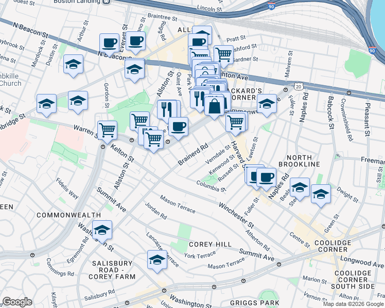 map of restaurants, bars, coffee shops, grocery stores, and more near 65 Brainerd Road in Boston