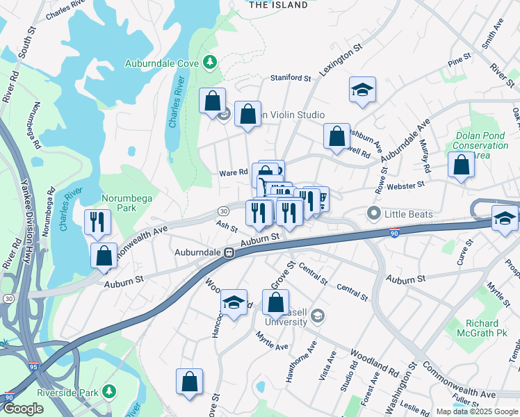 map of restaurants, bars, coffee shops, grocery stores, and more near 2120 Commonwealth Avenue in Newton