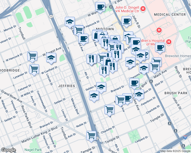 map of restaurants, bars, coffee shops, grocery stores, and more near 711 West Alexandrine Street in Detroit