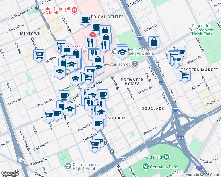 map of restaurants, bars, coffee shops, grocery stores, and more near 290 Eliot Street in Detroit