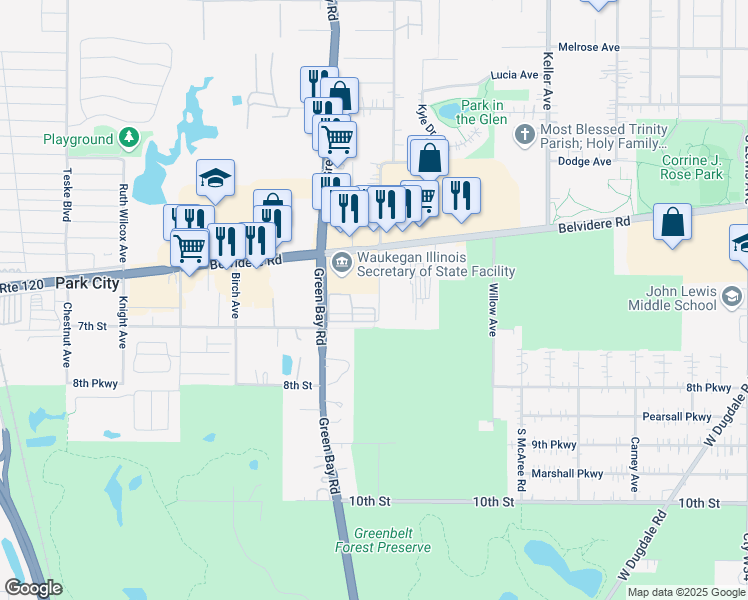 map of restaurants, bars, coffee shops, grocery stores, and more near 642 South Dilger Avenue in Waukegan