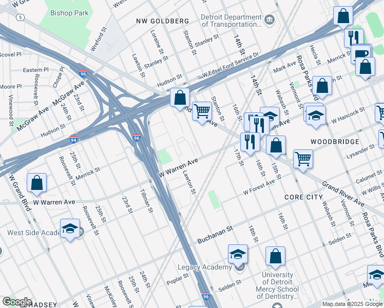 map of restaurants, bars, coffee shops, grocery stores, and more near 2738 West Warren Avenue in Detroit