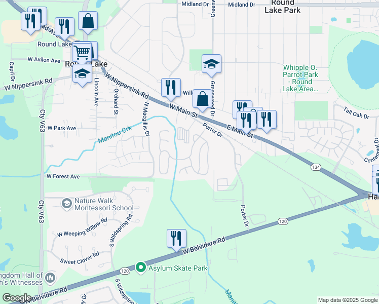 map of restaurants, bars, coffee shops, grocery stores, and more near 312 Timber Creek Drive in Round Lake Park