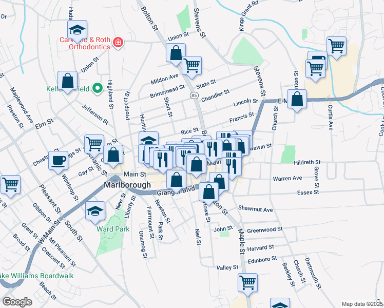 map of restaurants, bars, coffee shops, grocery stores, and more near 33 Devens Street in Marlborough