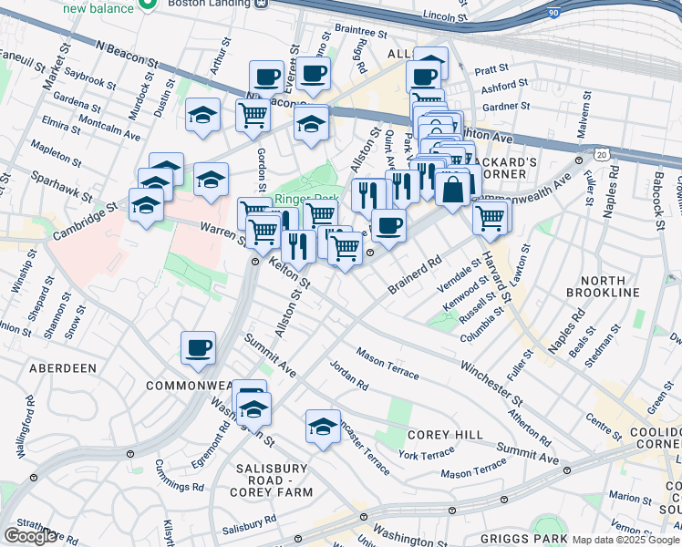 map of restaurants, bars, coffee shops, grocery stores, and more near 1348 Commonwealth Avenue in Boston