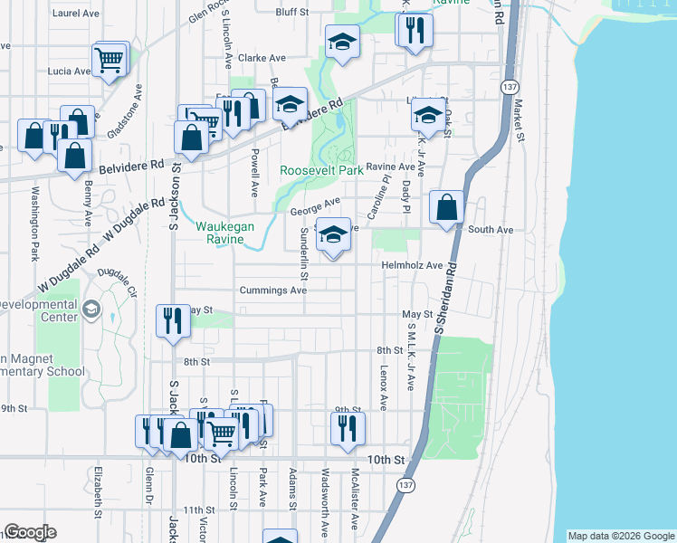 map of restaurants, bars, coffee shops, grocery stores, and more near 517 Helmholz Avenue in Waukegan
