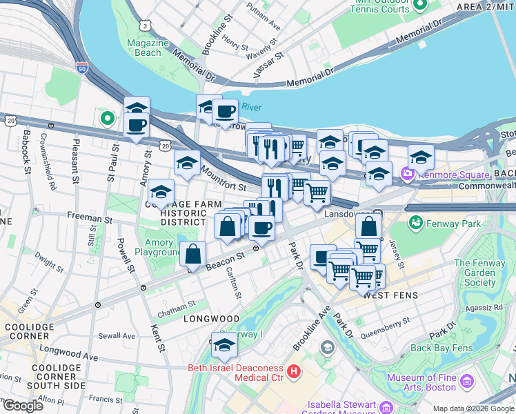 map of restaurants, bars, coffee shops, grocery stores, and more near 7 Euston Street in Brookline