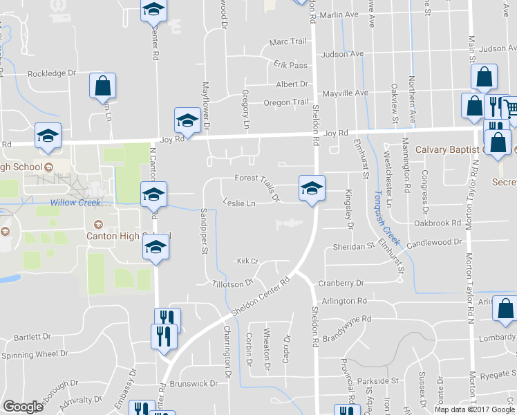 map of restaurants, bars, coffee shops, grocery stores, and more near 44773 Leslie Lane in Canton