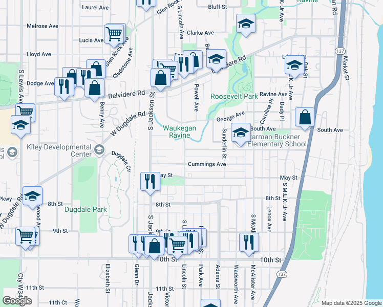 map of restaurants, bars, coffee shops, grocery stores, and more near 807 Helmholz Avenue in Waukegan