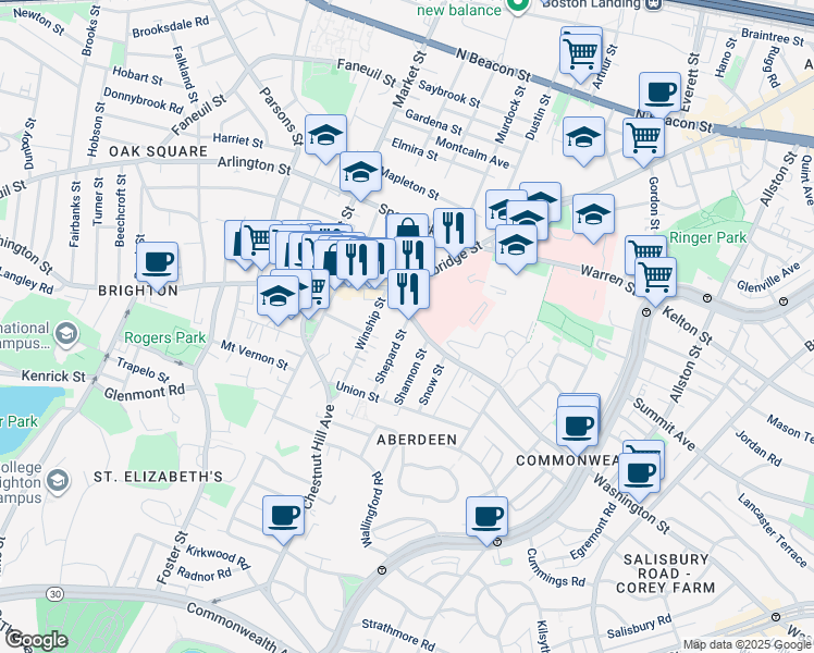 map of restaurants, bars, coffee shops, grocery stores, and more near 6 Shepard Street in Boston