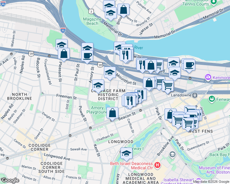 map of restaurants, bars, coffee shops, grocery stores, and more near 35 Prescott Street in Brookline