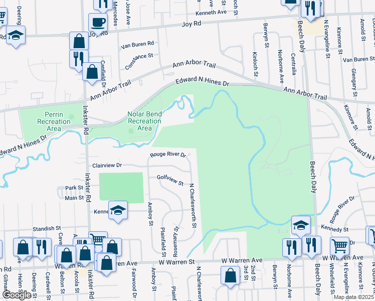 map of restaurants, bars, coffee shops, grocery stores, and more near 26646 Rouge River Drive in Dearborn Heights