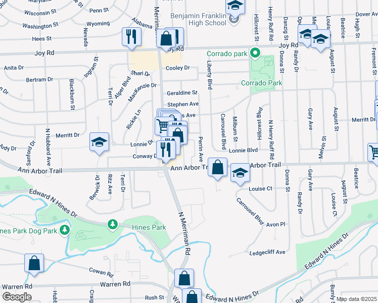 map of restaurants, bars, coffee shops, grocery stores, and more near 8220 Huntington Street in Westland