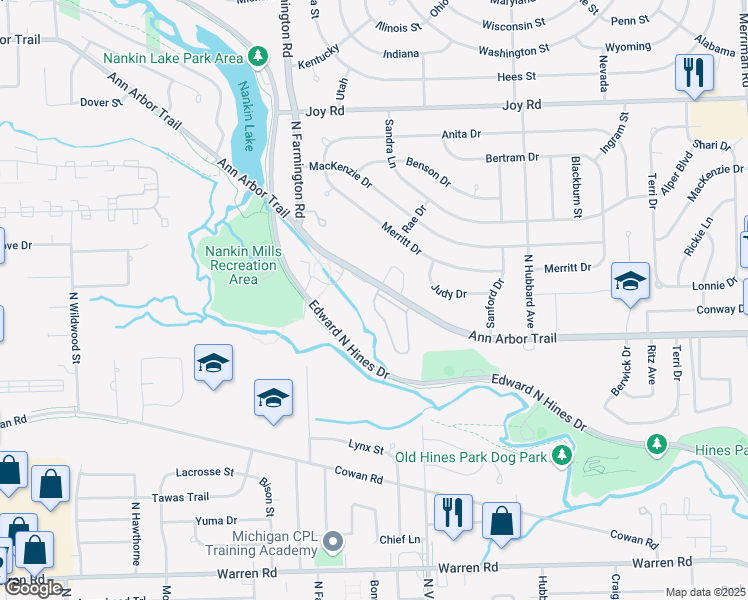 map of restaurants, bars, coffee shops, grocery stores, and more near 33037 Chapman Place in Westland