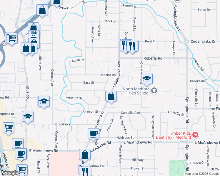 map of restaurants, bars, coffee shops, grocery stores, and more near 1915 Crater Lake Avenue in Medford