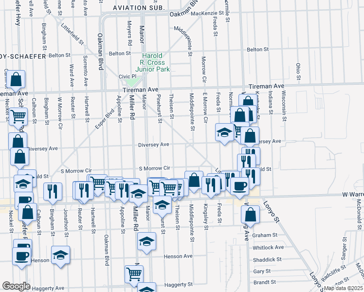 map of restaurants, bars, coffee shops, grocery stores, and more near 7535 Middlepointe Street in Dearborn