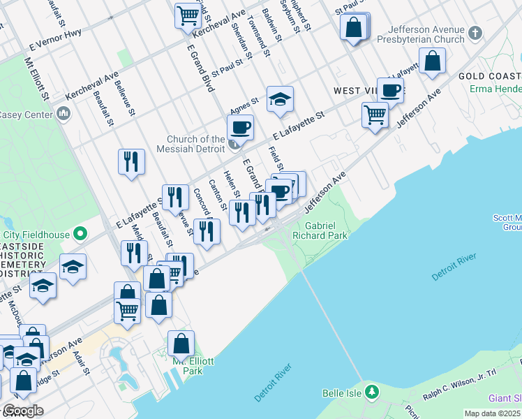 map of restaurants, bars, coffee shops, grocery stores, and more near 125 East Grand Boulevard in Detroit